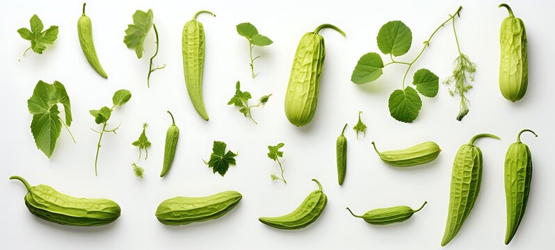 White background with drawings of colorful bitter melon for children, ai generative