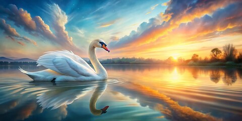 Fototapeta premium Panoramic Watercolor Swan Lake Sunset - Serene Wildlife Landscape