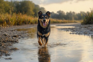 happy black and tan dog joyfully walking in shallow riverbed under sunlight