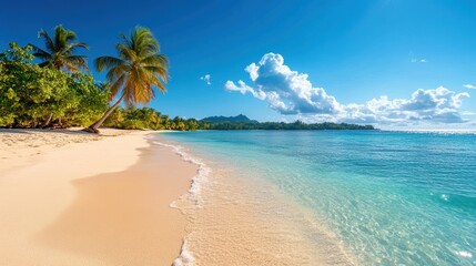 Fototapeta premium Idyllic tropical beach with white sand and turquoise water, palm trees swaying, hazy mountains in backdrop, under a vibrant blue sky on sunny day