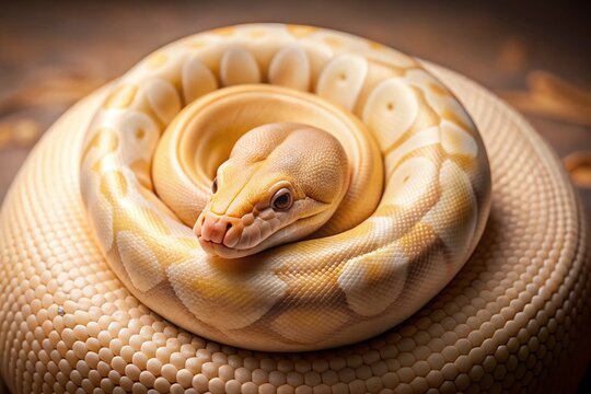 Pastel Ball Python Snake Curled in Butter-Colored Sphere, Studio Shot