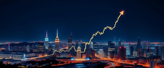 Ascending stock market graph overlaying a cityscape at night, wealth, analysis