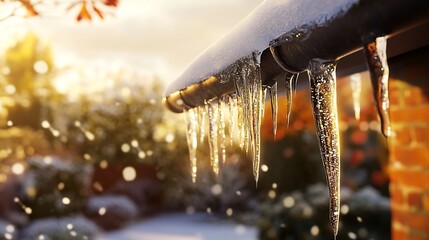 Icicles hanging from a roof with snow-covered ground illuminated by warm sunlight, creating a serene winter atmosphere