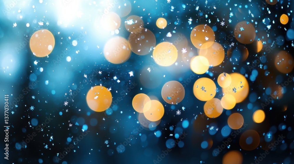Poster elegant and moody abstract background featuring a glowing deep blue bokeh with twinkling, sparkling 