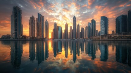 Obraz premium Sunrise Skyline Reflection, Marina