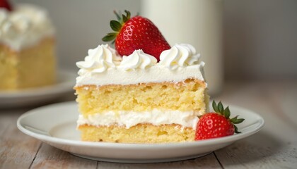 Slice tres leches cake topped white cream decorated ripe red strawberry. Delicious, tasty dessert, confection. Creamy, sweet homemade bakery pastry, perfect culinary treat, food background.