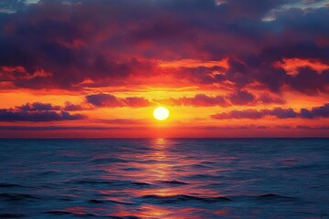 Fototapeta premium Vibrant Sunset Ocean Horizon with Dramatic Clouds and Waves