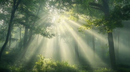 Obraz premium Enchanting sunlight filtering through a tranquil and misty green forest