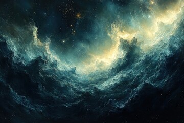 Obraz premium Ethereal swirls of celestial blues and golds illuminate the cosmic night