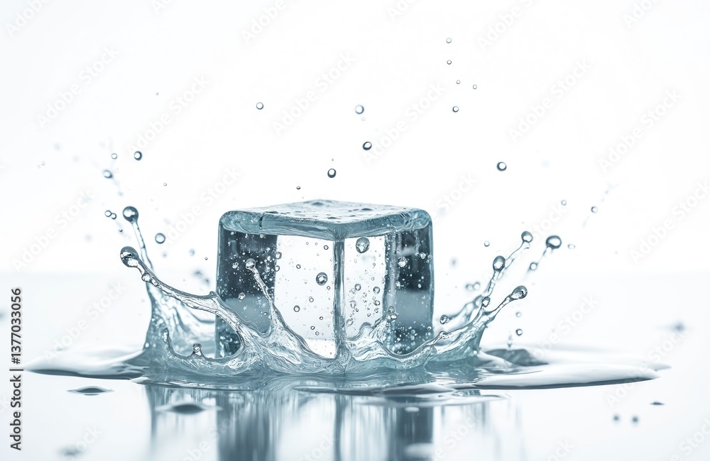 Poster transparent ice cube with water droplets splashing. clear liquid with water splash drops, freshness 