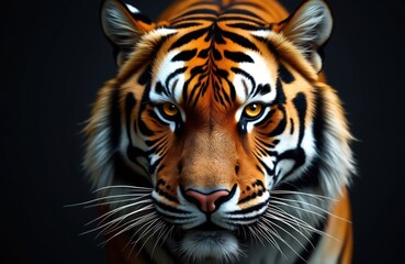 Obraz premium Close-up portrait of tiger face. Majestic animal with fierce eyes, intense gaze, orange fur, black stripes. The big cat predator on dark background. Wildlife theme.