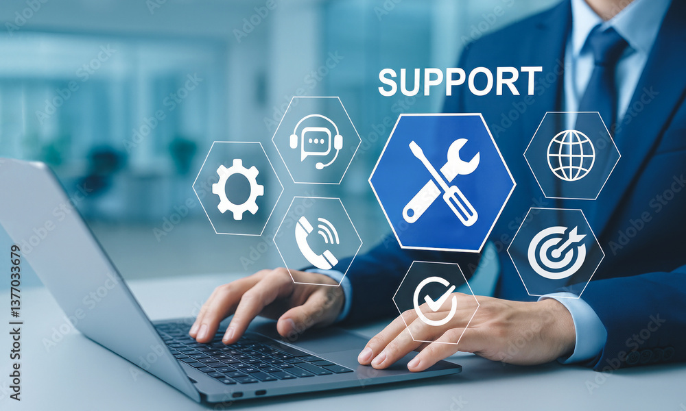 Poster a business professional uses a laptop with a digital support interface, emphasizing customer service