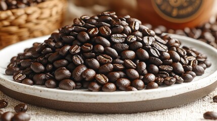 Fototapeta premium Roasted coffee beans piled on a plate