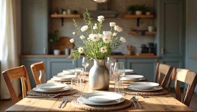 Elegant farmhouse dining table setting with white flowers in vase. Wooden chairs with table in cozy kitchen area. Interior design, home decor, holiday dinner, staging for lifestyle blog.