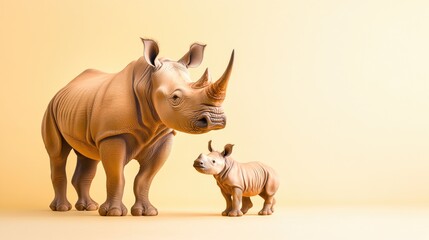 Fototapeta premium Adult and baby rhinoceros standing together on light yellow background. Mother's Day, Mothering Sunday, Dia de la Madre - Global Maternal Celebration, Worldwide Family Holiday