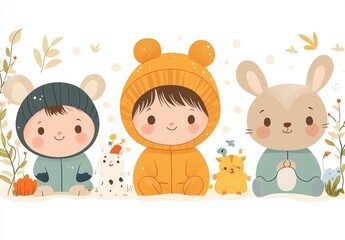 Naklejka premium Cute Baby Boy Playing with Toys Eating Baby Food and Sleeping with Bottle and Mobile in Kawaii Style