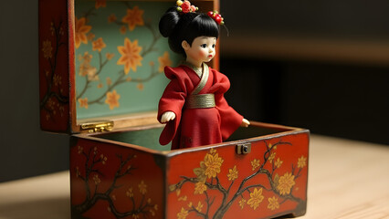 Antique music box plays shamisen tune as butoh geisha dances. Worn interior and lone hairpin whisper of childhood's fierce love.