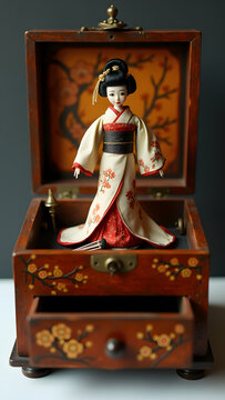 Antique music box plays shamisen tune as butoh geisha dances. Worn interior and lone hairpin whisper of childhood's fierce love.