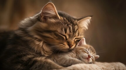 Obraz premium Tender moment between mother cat and sleeping kitten in cozy setting. Mother's Day, Mothering Sunday, Dia de la Madre - Global Maternal Celebration, Worldwide Family Holiday