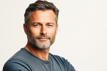 Fototapeta premium A mature man in a casual blue t-shirt, exuding confidence and composure, against a clean, white background.