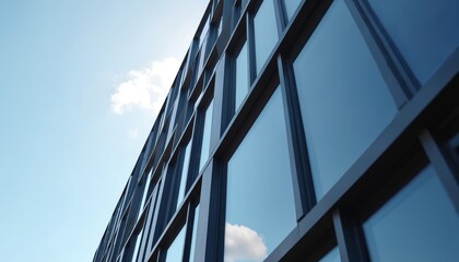 Illustration shows modern office building with large glass windows reflecting sky, clouds. Geometric facade with clean lines, aluminum cladding. Blue sky background. Corporate tech office,