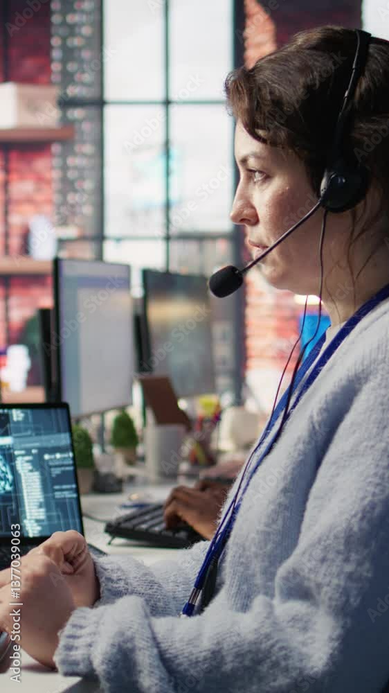 Poster vertical video worker providing live chat support, typing on keyboard, using ai chatbot to handle cl