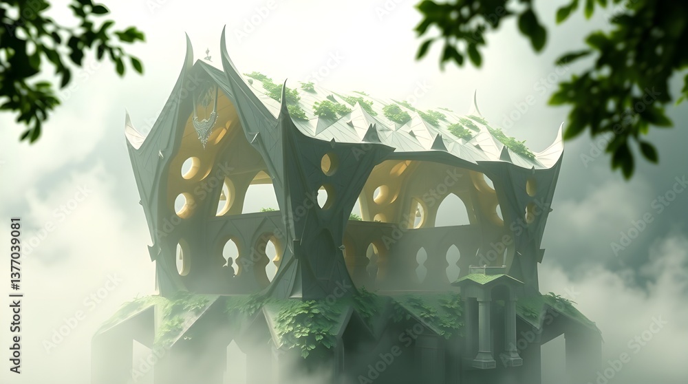 Canvas Prints a mystical structure emerges from the mist, surrounded by lush greenery and topped with intricate ar