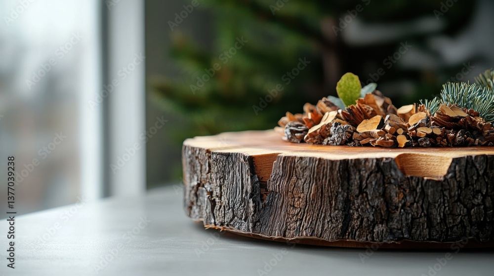 Poster close-up view of a cross-section of mango wood, showcasing the natural patterns and concentric tree 