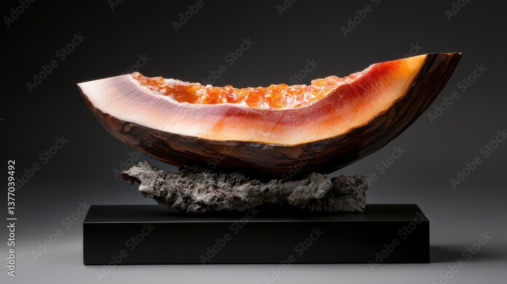 Poster close-up view of a cross-section of mango wood, showcasing the natural patterns and warm tones of th