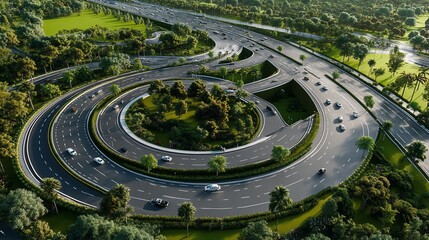 Aerial View of a Multi-Lane Highway Interchange with Lush Greenery and Cars