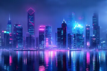 Obraz premium Futuristic City Skyline at Night with Neon Lights Reflecting on Water