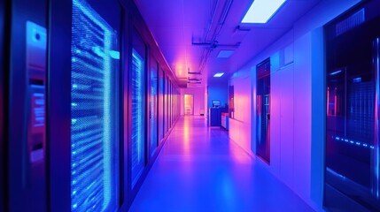 Fototapeta premium Inside Data Center Hallway with Rows of Servers and Neon Lighting