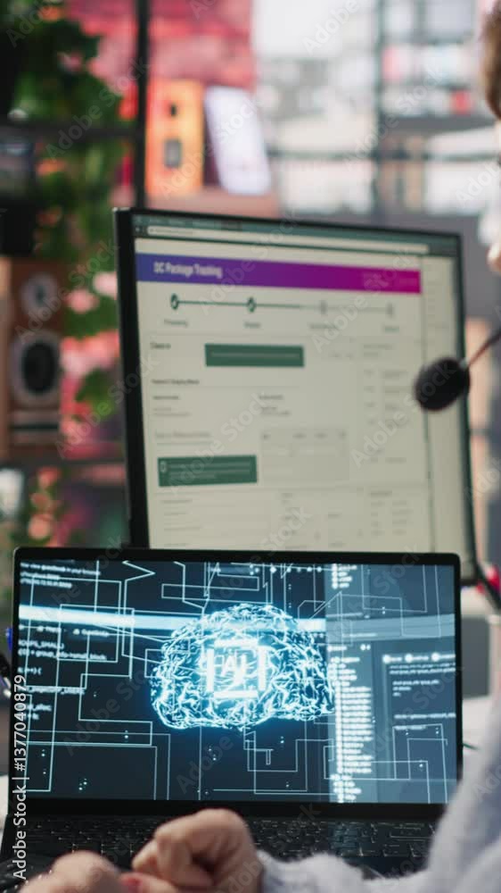 Poster vertical video worker providing live chat support, typing on keyboard, using ai chatbot to handle cl