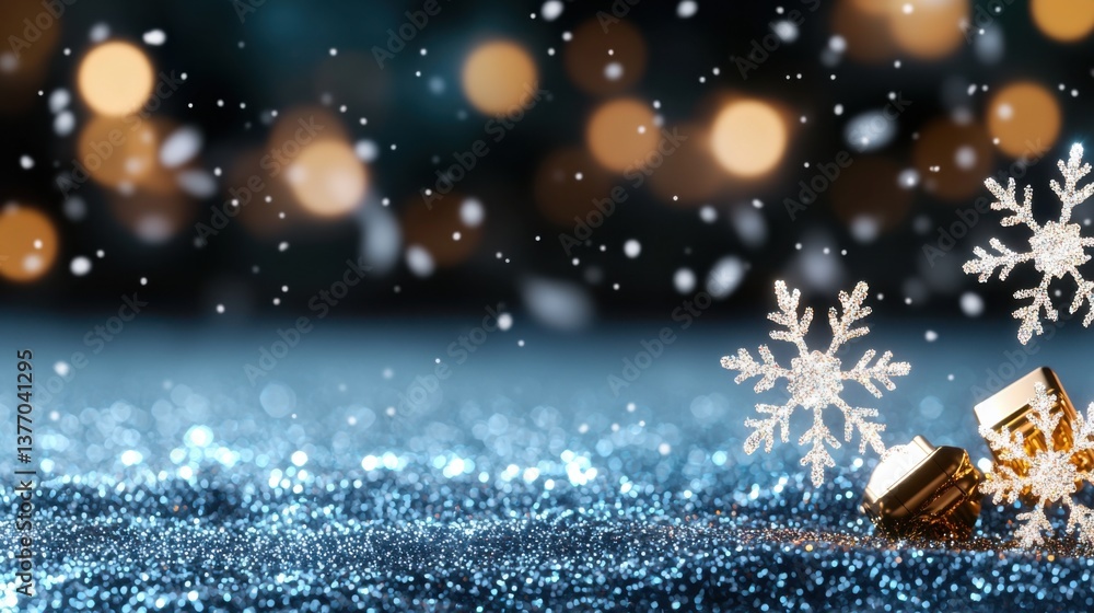 Poster a captivating background of deep blue tones with a mesmerizing scatter of luminous glitter and spark