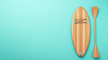 Fototapeta premium Bamboo paddleboard and paddle on teal background - minimalist design
