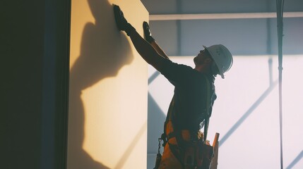 A construction worker lifting a large sheet of drywall. Featuring strength and teamwork