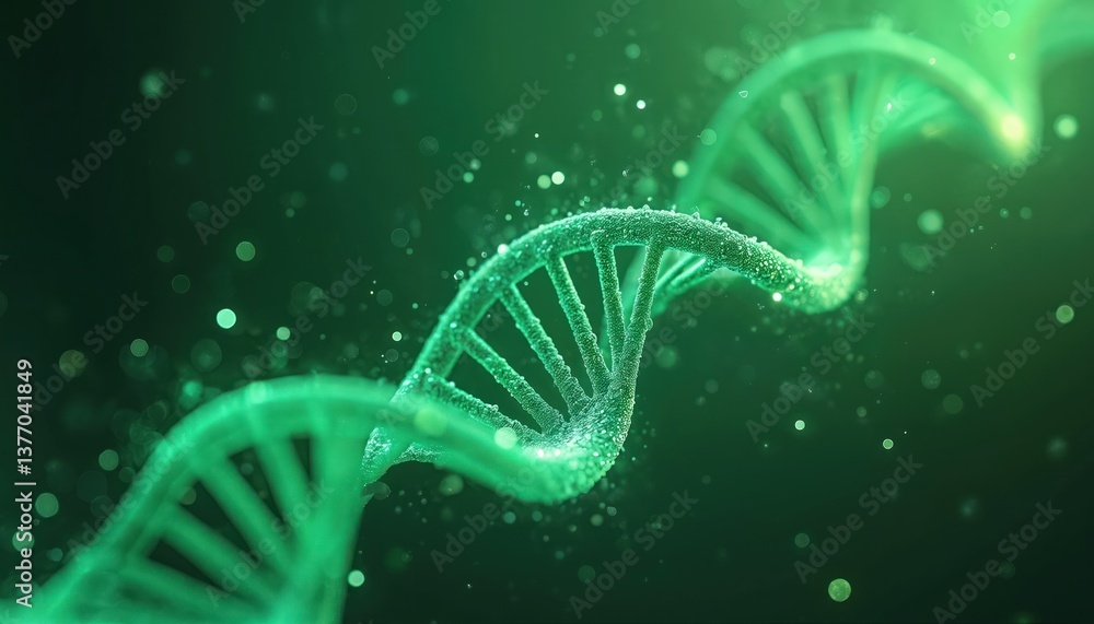 Poster green dna helix structure with glowing particles, scientific background. life science concept. genet