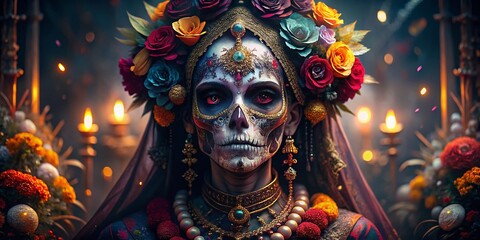 Santa Muerte Horror Bokeh: Glowing Skull, Sugar Skulls, Day of the Dead