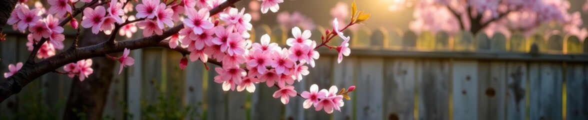 Fototapeta premium Blooming cherry blossom tree by rustic wooden fence, sunny day, tranquil outdoor setting, blooming, fence, spring
