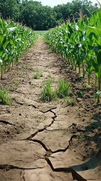 Drought affects corn crops in a field with visible cracked earth and resilient weeds along the row