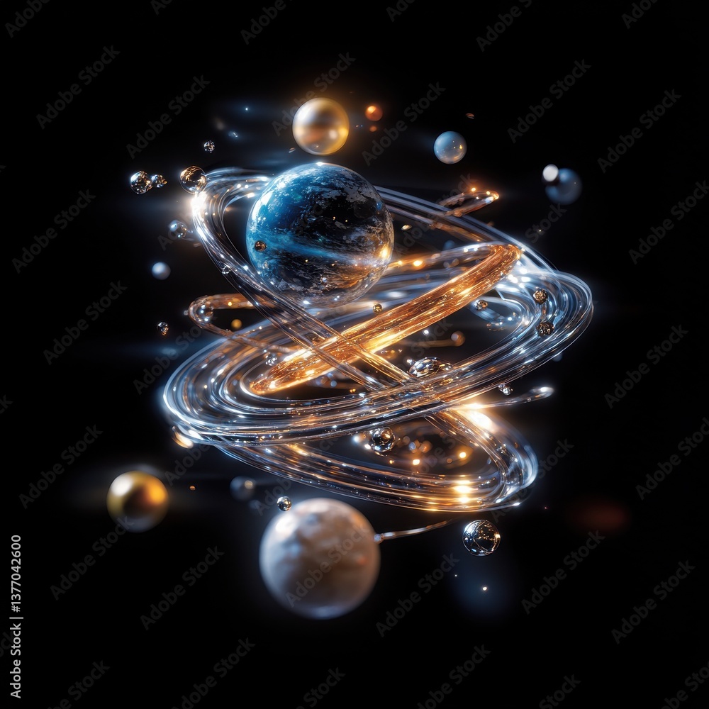 Poster a space scene with a planet in the center and a spiral of planets surrounding it