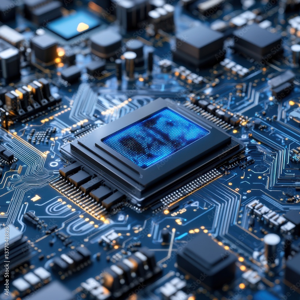 Aufkleber a close up of a computer chip with a blue screen