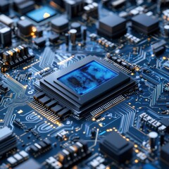 A close up of a computer chip with a blue screen