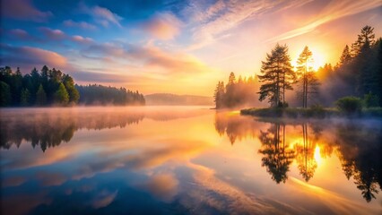 Obraz premium Serene Lake Landscape: Misty Dawn Over Calm Waters