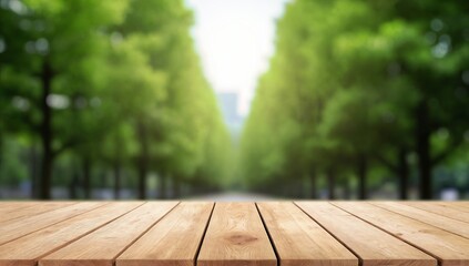 Serene Wooden Table Overlooking Lush Green Garden Path