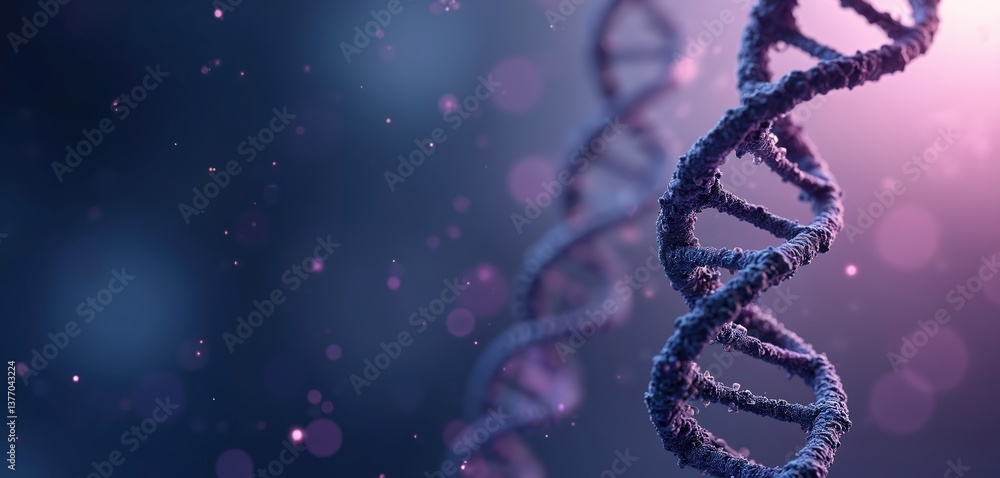 Poster Close-up 3D render of DNA double helix. Blue background with bokeh effect and purple illumination. Concept of genetics, molecular biology, scientific research. Human genome, science, medicine, health.