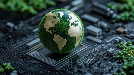 A small globe is sitting on top of a computer chip
