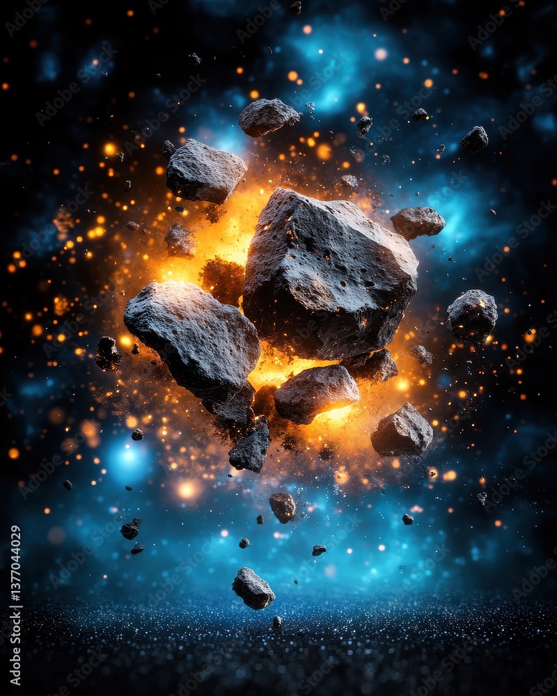 Poster a breathtaking giixel image showcases the dramatic collision of asteroids within a vibrant nebula, f