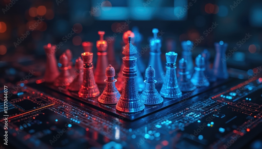 Aufkleber Chess game with red blue team pieces on circuit board. Cybersecurity breach simulation concept. Strategy digital attack threat protection. IT security information technology.
