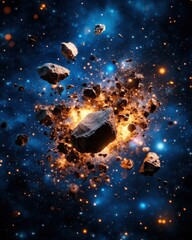 Fototapeta premium A breathtaking 3D rende showcases a dramatic cosmic collision of asteroids amidst a vibrant nebula; fiery debris and glowing gases fill the vast, dark expanse of space.